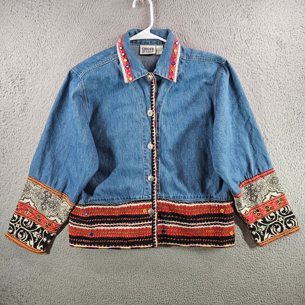 Chico's Design‎ Denim Jacket Womens Sz 1 Blue Boho Embroidered Button Front